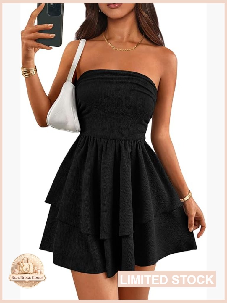 Strapless Tube Mini Dress Ruffle A Line Flowy Smocked Back Short Party